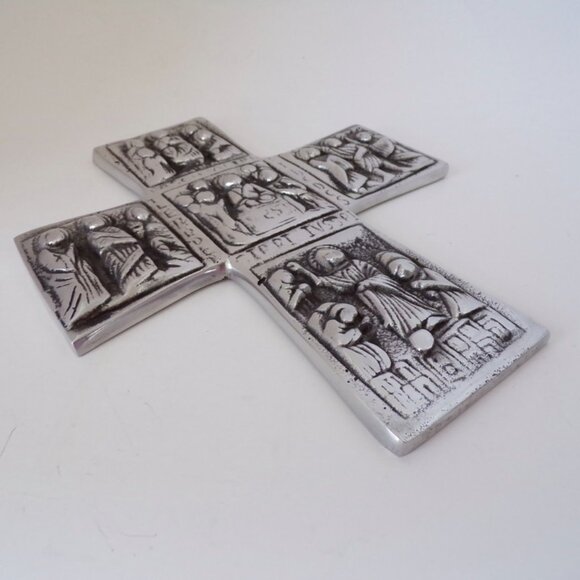 Pewter Cross With Relief Images Made in Mexico 9 Inch Tall - Picture 6 of 7